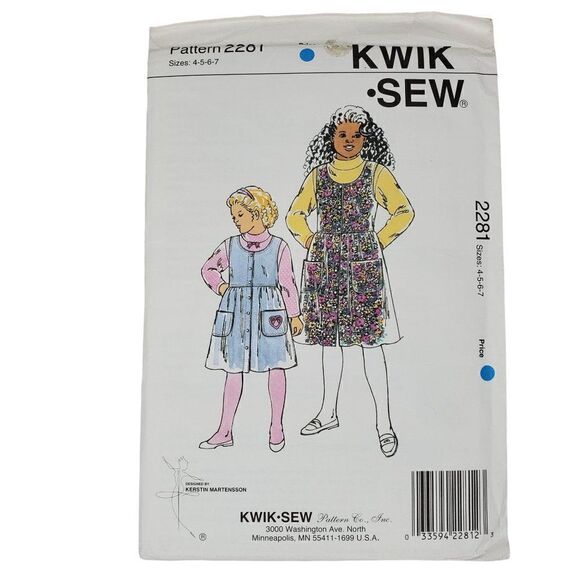 Vintage Kwik Sew Pattern 2281 Girls Sleeveless Jumper Dress Button 4 5 6 7 Uncut - Picture 1 of 2